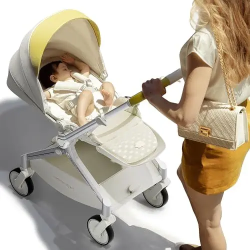 Produktbild: Hot Mom leichter Kinderwagen, breite Sitze, verstellbare Rückenlehne, große stoßdämpfende Räder, Magnesiumrahmen, Fahrtrichtung in Sekunden wechselbar, Modell F39 (Beige)