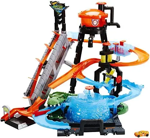 Produktbild: Hot Wheels FTB67 - City Ultimative Autowaschanlage mit Krokodil, Car Wash Waschstation Spielset mit Farbwechseleffekt inkl. 1 Spielzeugauto und Alligator, Spielzeug Autorennbahn ab 4 Jahren