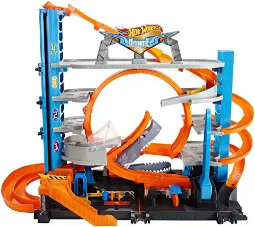 Produktbild: Hot Wheels Garage, Hot Wheels Hai Parkgarage inkl. 2 Spielzeugautos, mit Autorennbahn, Looping Tracks, Auto Spielzeug Aufzug und Platz für +90 Autos, Höhe: 63cm, Spielzeug ab 5 Jahre, FTB69