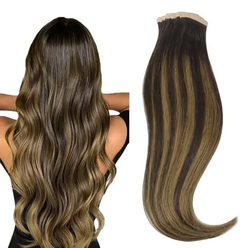 Produktbild: hotbanana Tape in Extensions Echthaar, 45cm Tape Extensions Echthaar 18 Zoll 20 Stück 50g Balayage Dunkel Braun to Chestnut Braun Echthaar Extensions Tape Gerade Remy Echthaar Tape Extensions