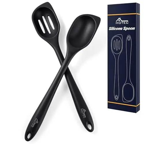 Produktbild: HOTEC Pfannenwender aus hitzebeständigem Silikon, große Kochlöffel solide und geriffelt zum Rühren, Servieren, Schaben, Antihaftbeschichtung, spülmaschinenfest, Schwarz, 31,8 cm