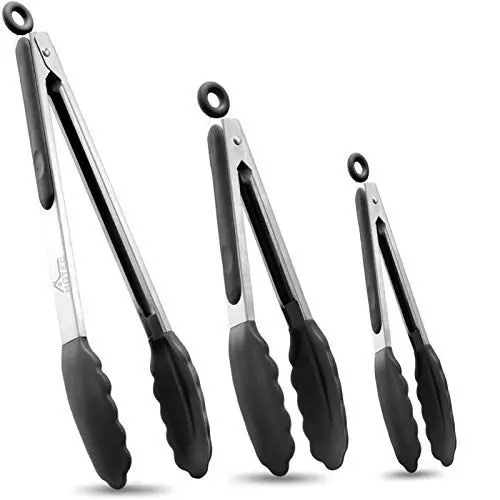 Produktbild: HOTEC Premium Edelstahl Küchenzange mit Silikon Spitzen, Grillzange Set of 3-18 cm, 23 cm und 30,5 cm Schwarz