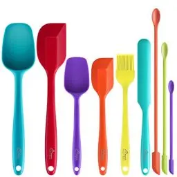 Produktbild: Hotec 9 Stück Silikon-Spatel, Küchenutensilien zum Backen, Kochen, Mischen, hitzebeständig, starker Edelstahlkern im Inneren mit lebensmittelechtem Silikon, spülmaschinenfest (mehrfarbig)