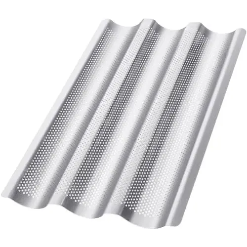 Produktbild: Hotec Baguette Backform für 3 Baguettes mit Antihaftbeschichtung-Ideal als Baguetteform, Brot Backen Zubehör, Baguette-Backblech(38 x 24,5 cm) Edelstahl