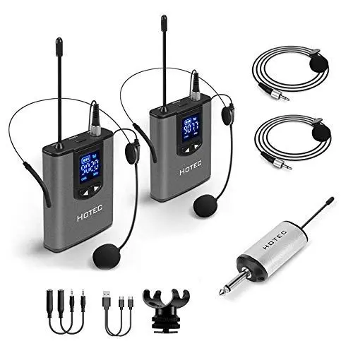 Produktbild: Hotec Dual UHF Kabelloses Headset Mikrofon/Lavalier-Mikrofon mit Bodypack-Transmitter und Mini-Empfänger 6,35 mm Ausgang, für Live-Auftritte, unterstützt Telefon
