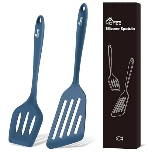 Produktbild: Hotec Pfannenwender-Set, Hitzebeständiger Silikon Geschlitzt Pfannenwender Spatel BPA Frei, Spülmaschinengeeignet Küchenhelfer Kochgeschirr Turner Antihaft Spachtel zum Kochen, 2 Stück,Dunkelblau