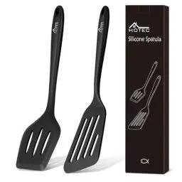 Produktbild: Hotec Pfannenwender-Set aus lebensmittelechtem Silikon, mit Schlitzen, Küchenutensilien zum Backen, Kochen, hitzebeständig, antihaftbeschichtet, starker Edelstahl-Kern2 Stück