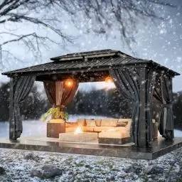 Produktbild: HOTEEL 3x3.65m Hardtop Pavillon Wasserdicht Stabil Winterfest, Gartenpavillon Metall mit Verzinkter Stahl Doppeldach, Alu-Rahmen, Schwer Entflammbare Vorhänge & Moskitonetz, Braun (2025 Aufrüstung)