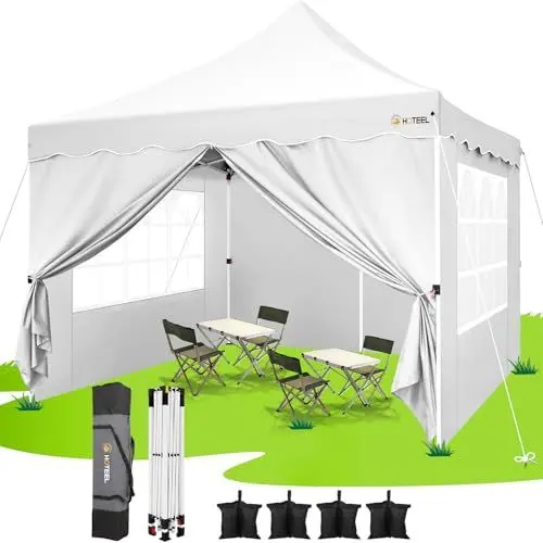 Produktbild: HOTEEL Pavillon 3x3 Faltpavillon 3x3 Wasserdicht Stabil mit 4 Seitenteilen und 4 SandsäCke, Uv Schutz 50+ Partyzelt Gartenpavillon Pop Up Pavillon, Stahlrahmen, Hoher Gipfel, Weiß