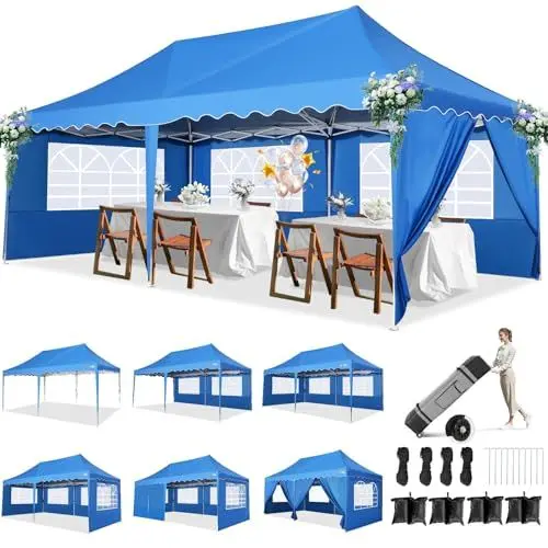 Produktbild: HOTEEL Pavillon 3x6 Faltpavillon 3x6 Wasserdicht Stabil, Partyzelt Faltbar Anti-Uv 50+ Pop Up Gartenpavillon mit 6 Seitenwänden, 4 Sandsäcke, Tasche mit Rollen, für Hochzeiten Partys Markt, Blau