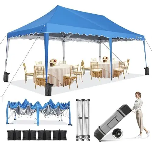 Produktbild: HOTEEL Pavillon 3x6 Partyzelt 3x6 Wasserdicht Stabil, Faltpavillon Faltbar Anti-Uv 50+ Pop Up Gartenpavillon mit 4 Sandsäcke, Tasche mit Rollen, für Hochzeiten Partys Picknick Markt, Blau