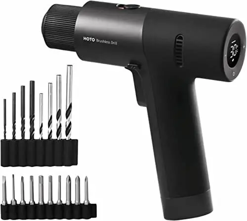 Produktbild: HOTO bürstenloser Bohrschrauber, 12V Akkuschrauber mit LED Bildschirm, 2 Modi max. 30 Nm mit 30 Drehmomentstufen, Akku Bohrmaschine mit USB C Ladekabel, 10x Bits und 8x Bohrer, ideal für Heimwerker