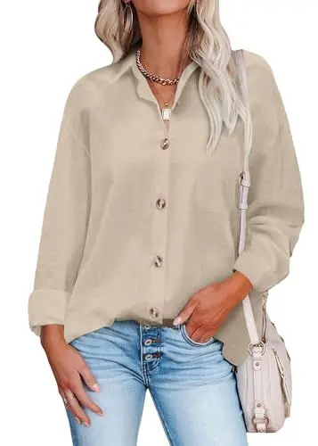 Produktbild: Hotouch Bluse Damen Lässiges Hemden Langarm Hemdbluse V-Ausschnitt Oberteile mit Knöpfen Casual Arbeit Shirt Lose Einfarbig Blusen Tops Beige M