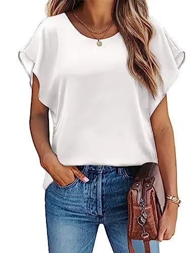 Produktbild: Hotouch Bluse Damen Sommer Tunika Shirt Rundkragen Elegant Oberteile Chiffon Blusen Fledermaus Shirt Weiß XXL