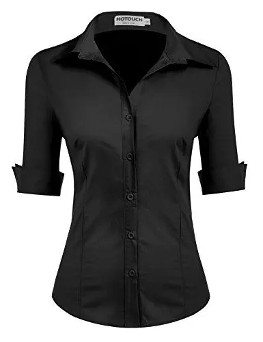 Produktbild: Hotouch Bluse Damen Baumwolle Schwarze Hemd 3/4 Arm Business Blusen Sommer Tops Shirt Elegant Button Down Oberteile Freizeit Tops Schwarz S
