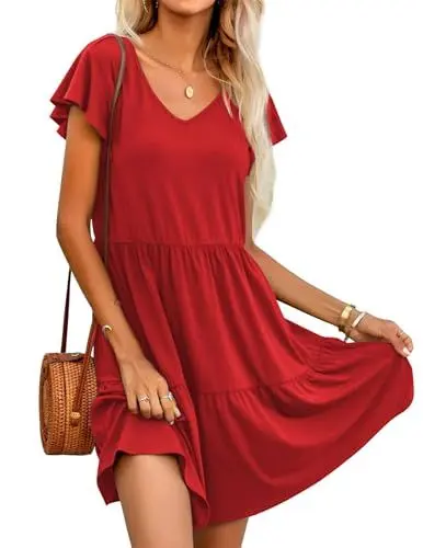 Produktbild: Hotouch Sommerkleider Knielang Kleid Damen Einfarbig Strandkleid Casual Kurzarm Kleider V-Ausschnitt Rüschen Swing Kleid mit Taschen Rot M