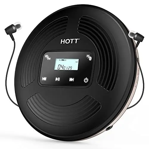 Produktbild: HOTT CD903TF CD Player tragbar wiederaufladbarer CD Player Bluetooth mit FM-Transmitter geeignet für Reise, Haus und Auto, mit Stereo-Headset und Stoßschutzfunktion (schwarz)
