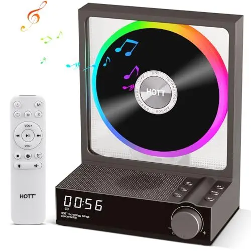Produktbild: HOTT CD-Player Tragbar mit Fernbedienung, Bluetooth 5.3 Desktop CD Player mit RGB-Lichtern, Tragbarer CD Player mit HiFi Lautsprechern, Unterstützt TF-Karte, Transkription, LED-Bildschirm, Timer(grau)