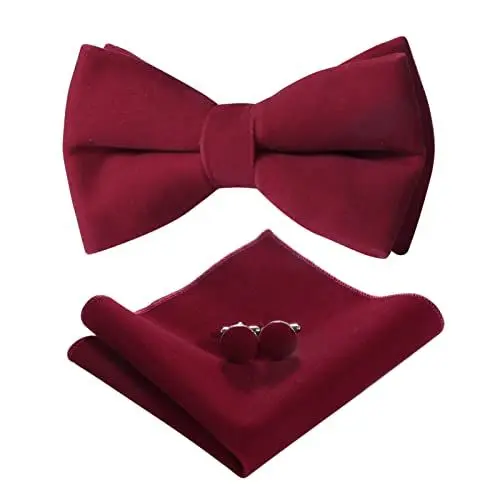Produktbild: HOULIFE Fliege Herren Set - Verstellbare Fliege aus Samt Vorgebunden Fliege, einfarbige Einstecktuch, Manschettenknöpfe Set für Bräutigam Hochzeit formal mit Geschenkbox, Burgund