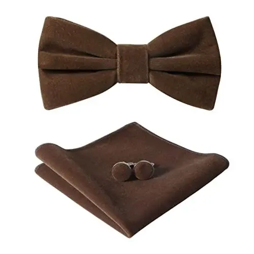 Produktbild: HOULIFE Fliege Herren Set - Verstellbare Fliege aus Samt Vorgebunden Fliege, einfarbige Einstecktuch, Manschettenknöpfe Set für Bräutigam Hochzeit formal mit Geschenkbox - Braun
