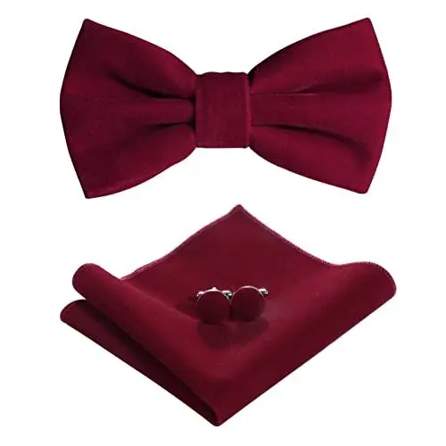 Produktbild: HOULIFE Fliege Herren Set - Verstellbare Fliege aus Samt Vorgebunden Fliege, einfarbige Einstecktuch, Manschettenknöpfe Set für Bräutigam Hochzeit formal mit Geschenkbox - Burgund