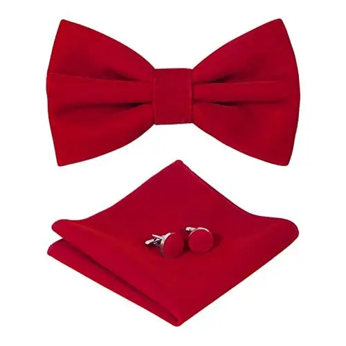 Produktbild: HOULIFE Fliege Herren Set - Verstellbare Fliege aus Samt Vorgebunden Fliege, einfarbige Einstecktuch, Manschettenknöpfe Set für Bräutigam Hochzeit formal mit Geschenkbox - Rot