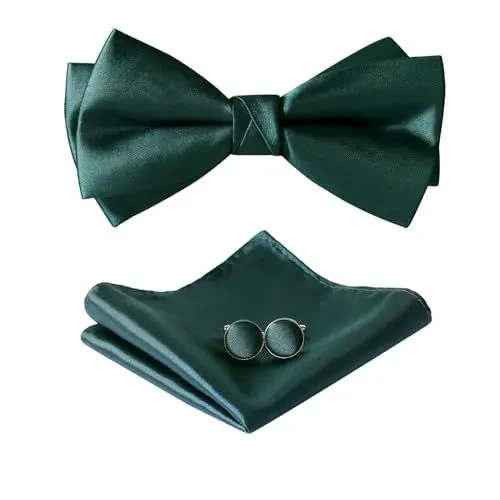 Produktbild: HOULIFE Fliege Herren Set - Verstellbare Fliege aus Satin Polyester Vorgebunden Fliege, einfarbige Einstecktuch, Manschettenknöpfe Set für Bräutigam Hochzeit formal mit Geschenkbox (Dunkelgrün)