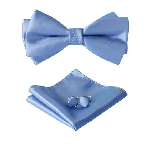 Produktbild: HOULIFE Fliege Herren Set - Verstellbare Fliege aus Satin Polyester Vorgebunden Fliege, einfarbige Einstecktuch, Manschettenknöpfe Set für Bräutigam Hochzeit formal mit Geschenkbox (Dunstblau)