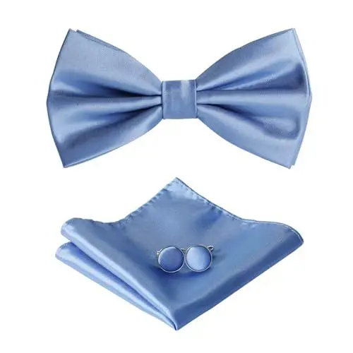 Produktbild: HOULIFE Fliege Herren Set - Verstellbare Fliege aus Satin Polyester Vorgebunden Fliege, einfarbige Einstecktuch, Manschettenknöpfe Set für Bräutigam Hochzeit mit Geschenkbox, Dunstblau
