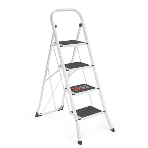 Produktbild: HOUSE DAY Trittleiter - Leiter 4 Stufen Trittleiter Klappbar mit Griff,Stehleiter für Küchen Haus Außen Erwachsende,rutschfest Klapptritt für Haushalt und Büro,Leiter Klappbar Belastung bis 150 kg