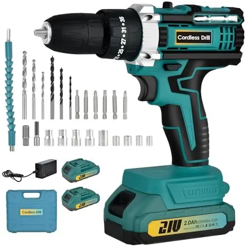 Produktbild: Household Hand-Held Bohrschrauber Set 21V: Akkubohrer mit 2 Akkus 2000mAh,45Nm Max Drill Set 25+3 Paar, 24 Stück Bohrer Akkuschrauber, 2 Geschwindigkeiten, Led-Licht für DIY Projekte(Bohrmaschinen)