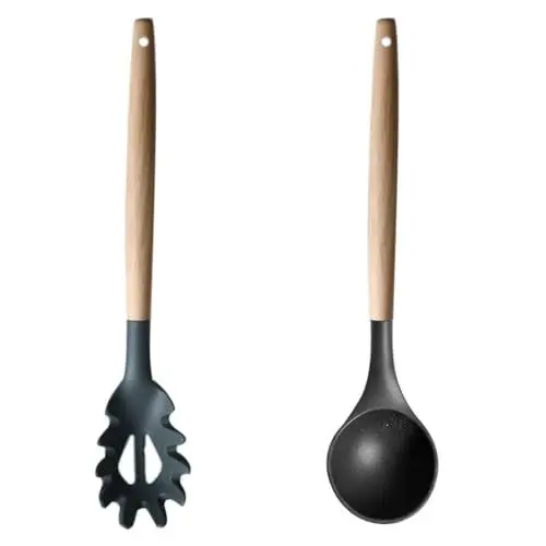 Produktbild: Housoutil 1 Set Silikon Nudelgabel Holzgriff Spaghetti Utensilien Lebensmittelecht Nudellöffel Nudelkocher Hitzebeständiger Küchenspatel für Kochutensilien Grau