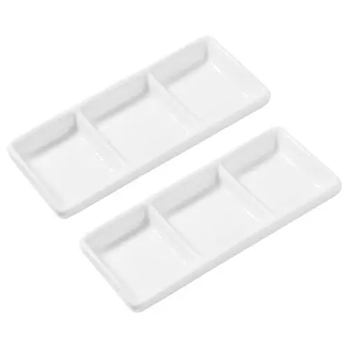 Produktbild: Housoutil 2 Stück 6 Zoll Reines Weißes Keramik-Dip-Tablett Keramik-Dip-Serviertablett Mit 3 Fächern Rechteckig Geteilt Saucenschalen Für Gericht Sojasauce