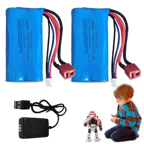 Produktbild: HOVCEH 2 Pcs 7.4 V Li-ion Battery, Rechargeable Lithium Lonen Batterien, 7.4V 3000-mAh Lithium-Ionen Akku, Li-Ionen-Akku für RC Fahrzeuge,Panzer,Auto,Roboter,Stunt Car