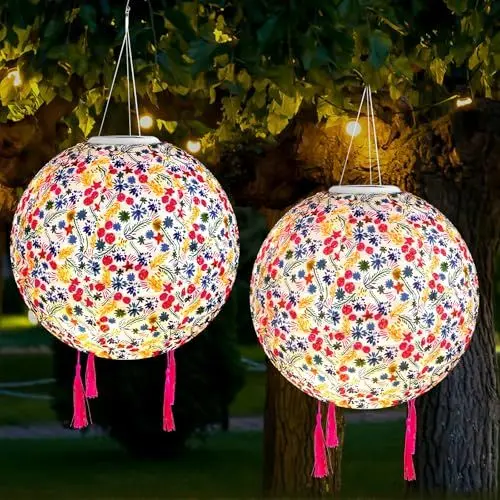 Produktbild: HOVCEH 2 Stück Lampions Außen Wetterfest, 30cm Lampions Led Solar mit Fransen, Außen Hängend Retro Solarlaterne Hängende, Nylon Garten Laterne für Draußen für Garten, Hof, Terrasse, Hochzeit, Party