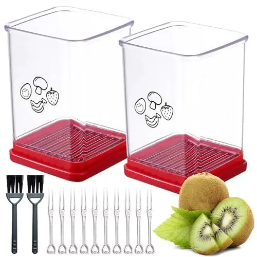 Produktbild: HOVCEH 2 Stück Schnellschneider mit Druckplatte, Obstschneider, Tassenschneider Mit 2 Pinsel und 10 Gabeln, Schutzkappe und Aufbewahrung, Cup Slicer für Bananen Weiche Früchte Gemüse Küche
