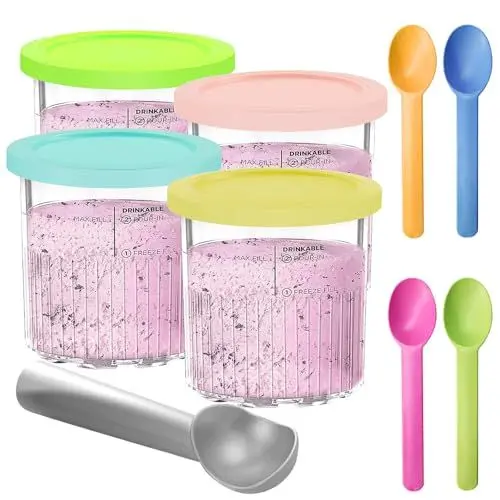 Produktbild: Ersatz für Ninja Creami Deluxe Behälter, HOVCEH 4er Pack 680 ml Eisbehälter für Ninja Creami NC501 NC500 Serie, BPA-frei, Spülmaschinenfest, Auslaufsicher, Sortierte Farben