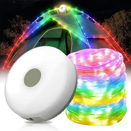 Produktbild: HOVCEH Camping Lichterkette Aufrollbar, 10M 2 In 1 Bunt Verstaubare Lichterkette, IP44 Multifunktionale Tragbare Campingleuchte, Wasserdichte LED Lichterketten USB Außenbereich (Farbig + Warmes)