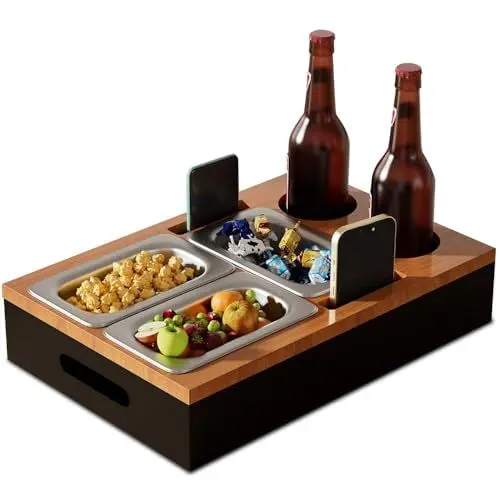 Produktbild: HOVCEH Couch Bar, Couchbar Sofa, Couchbar Snackbox Tablett, Couch Butler Getränke Snack, Couch Bar Snackbar Holz, Couch Organizer Snacks mit 3 Edelstahl Snackschalen, Flaschenhalter, Handyständer