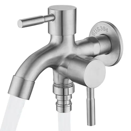 Produktbild: HOVCEH Doppel Wasserhahn, Universal Doppel Auslaufhahn, Doppelwasserhahn 1/2 Zoll, Waschmaschine Wasserhahn Doppelt, Wasserhahn Garten Doppelter Auslauf für Küche, Badezimmer