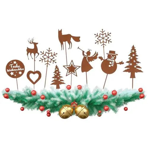 Produktbild: HOVCEH Gartenstecker Rost Weihnachte, 11 Stück Metall Roststecker Weihnachten Set, Rost Deko Weihnachten für Garten Weihnachten, Blumenstecker Weihnachten, Weihnachtsstecker Rost