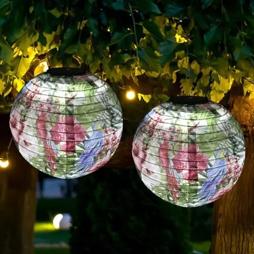 Produktbild: HOVCEH LED Lampions Außen Solar, 2 Stück Solarlaterne für Außen Hängend, LED Laterne Outdoor Solar Wetterfest, Hängende Wasserdicht Nylon Garten Laterner für Hof, Fest Deko