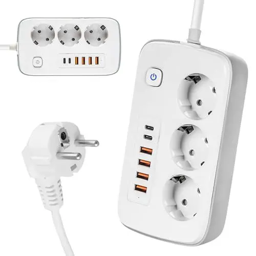 Produktbild: HOVCEH Mehrfachsteckdose mit USB C, Steckdosenleiste 2 USB C, 2M Steckerleiste USB C mit Schalter, Verteilersteckdose 3 Fach mit 2 USB C, 4 USB für Büro, Reise, Küche (PD 20W)