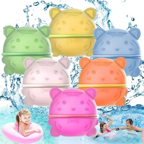 Produktbild: HOVCEH Wasserballons Wiederverwendbar Magnet, 6 Stück Silikon Wasserbomben Magnetisch, Tigerform Wasserballons Selbstschließend, Bunt Gemischt Magic Splashy Balls, Wasserbomben Schnellfüller Set