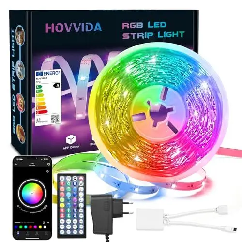 Produktbild: HOVVIDA LED Strip 10M, 1x10M, 24 LEDs/Meter, 24V RGB LED Streifen, 240 LED, APP und Fernbedienung, Musiksynchronisierung, Timing-Modus, für Zimmer, Schlafzimmer, Spielzimmer, Party, Festival
