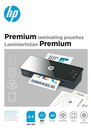 Produktbild: HP Premium Laminierfolien, DIN A4, 250 Micron, glänzend, transparent, zum Heißlaminieren, 50 Stück, 9125