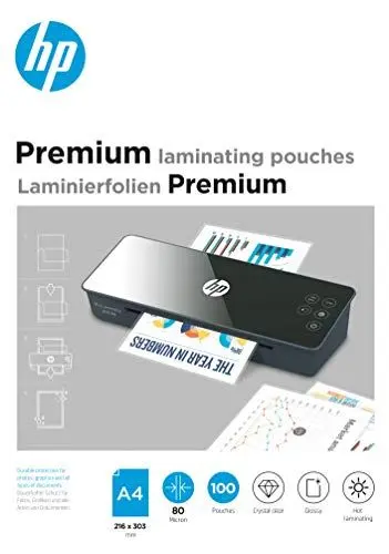 Produktbild: HP Premium Laminierfolien, DIN A4, 80 Micron, glänzend, transparent, zum Heißlaminieren, 100 Stück, 9123