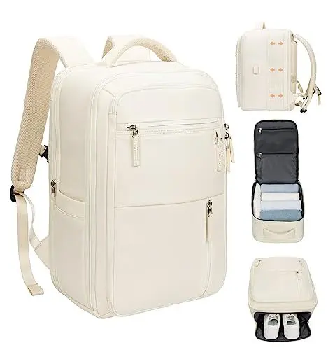 Produktbild: Hp hope Reiserucksack Damen Herren, 36L Erweitbar Laptop Rucksack Damen für 15,6 Zoll Laptop mit USB-Anschluss, Handgepäck Rucksäcke Fleuzeug, Wasserdicht Rucksack Beige