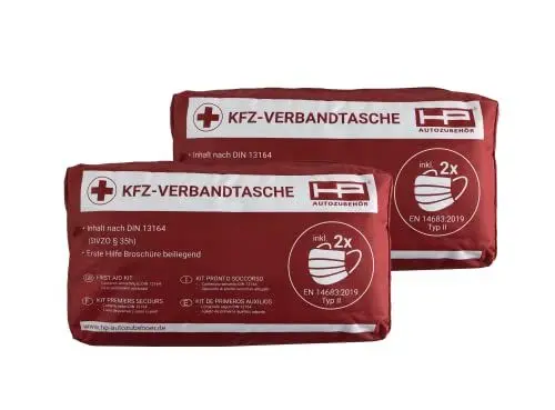 Produktbild: HP-Autozubehör 10049-2 KFZ-Verbandtasche 2022 Neu DIN 13164:2022 Maske Rot - Bundle - Mindesthaltbarkeit 4 Jahre
