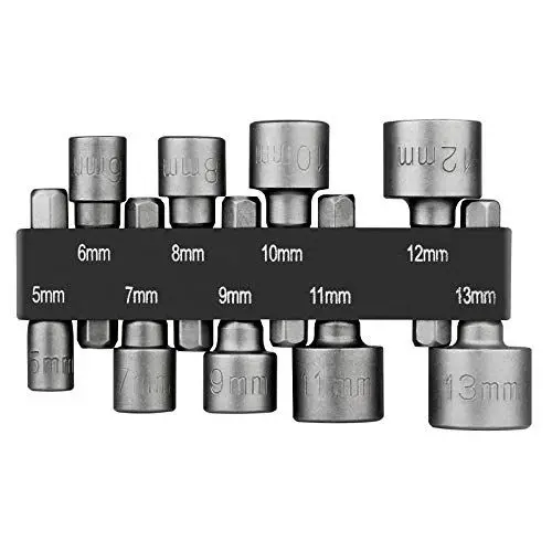 Produktbild: HPHOPE 9 Stück Steckschlüssel Set 5mm-13mm Stecknuss Bit Adapter 1/4 Zoll Sechskantschaft für Bohrer oder Akkuschrauber